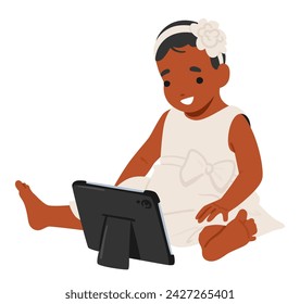 Curious Black Baby Girl Engages With A Tablet Pc, Her Eyes Wide With Wonder As She Explores Colorful Screen, Embracing Modern Technology With Innocence And Fascination. Cartoon Vector Illustration