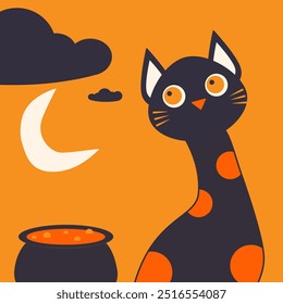  a curious black cat with bright orange eyes and spots sits attentively next to a bubbling cauldron. The vibrant orange background sets a warm, Halloween-like tone, complemented by a crescent moon 