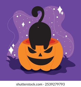 Gato negro curioso que sube en una calabaza del jack-o'-lantern de Halloween en púrpura, Ilustración vectorial