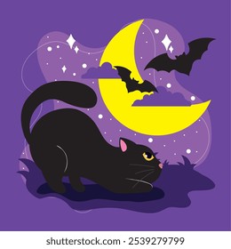 Curious black cat with crescent moon and bats in Halloween night sky, Vector illustration