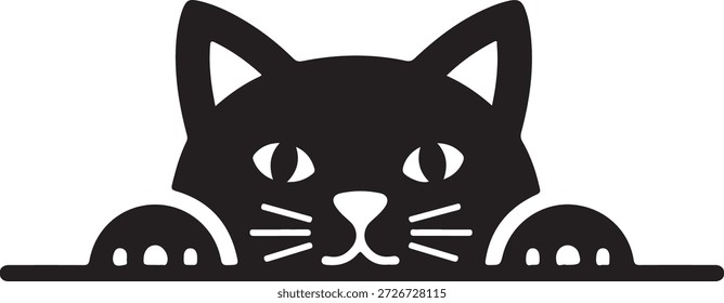 Un curioso gato negro se asoma sobre una superficie con ojos anchos y orejas alerta aisladas sobre fondo blanco