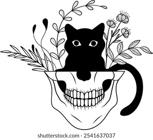 Um gato preto curioso empoleirado dentro de um crânio decorativo adornado com plantas folhosas, misturando capricho com um toque do macabro