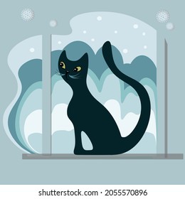 A curious black cat sits on a windowsill against the backdrop of snow-covered trees. Cute character. Beautiful winter landscape from the window. Vector design for printing postcards, nets. Flat style.