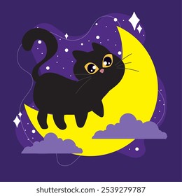 Curious black cat standing on crescent moon surrounded by stars and clouds, Vector illustration