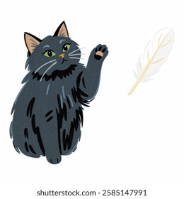 A curious black cat swiping at a floating feather, adding movement and playfulness to pet and animal themed designs.