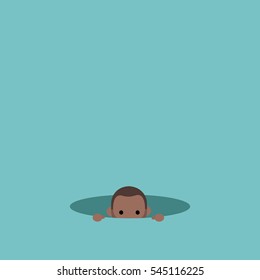 Curious black man hiding in the hole and prying / editable flat vector illustration, clip art