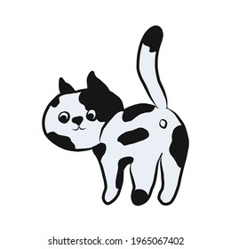 A curious black-and-white cat with a raised tail is peeping. Vector illustration isolated on a white background. For stickers, tableware designs, T-shirts, baby items, or pet stores.