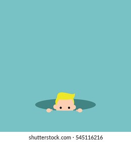 Curious blond boy hiding in the hole and prying / editable flat vector illustration, clip art