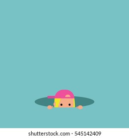 Curious blond girl hiding in the hole and prying / editable flat vector illustration, clip art