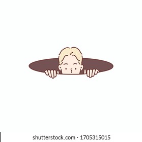 Curious blond man hiding in the hole and prying. Hand drawn style vector design illustrations.