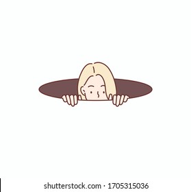 Curious blond woman hiding in the hole and prying. Hand drawn style vector design illustrations.