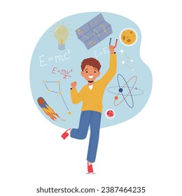 Curious Boy Character Delves Into Physics And Astronomy, Studying Stars, Planets And The Mysteries Of The Universe Fueled By A Passion For Knowledge And Exploration. Cartoon People Vector Illustration