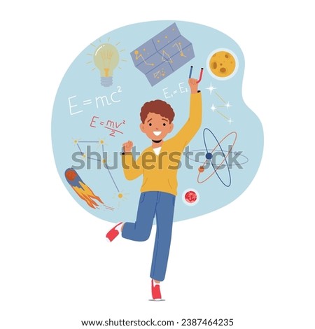 Curious Boy Character Delves Into Physics And Astronomy, Studying Stars, Planets And The Mysteries Of The Universe Fueled By A Passion For Knowledge And Exploration. Cartoon People Vector Illustration
