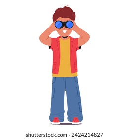 Curious Boy Character Peers Through Binoculars, Eyes Wide With Wonder, Discovering World Unseen. Small Explorer Embraces The Magic Of Distant Horizons In His Hands. Cartoon People Vector Illustration