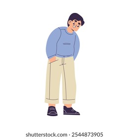 Curious Boy Character Standing and Look Down Vector Illustration