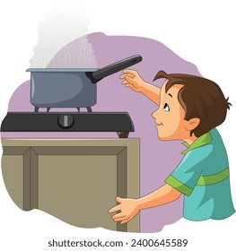 Curious boy eager to touch hot utensil placed on the gas vector illustration