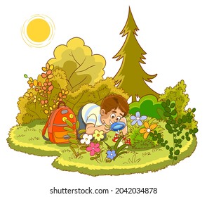 Curious boy examining plants and nature with magnifying glass vector illustration