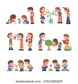 Curious Boy and Girl with Magnifying Glass Studying Plant and Exploring Environment Vector Set