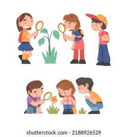 Curious Boy and Girl Near Blooming Flower with Magnifying Glass Studying Plant and Exploring Environment Vector Set