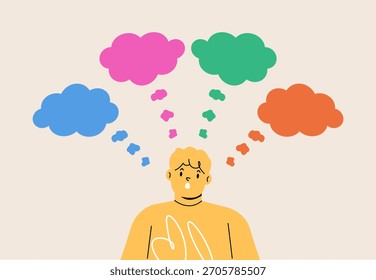 Niño curioso que tiene muchos pensamientos siendo indeciso. Ilustración vectorial colorida
