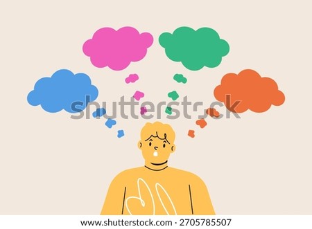 Curious boy having many thoughts being undecided. Colorful vector illustration
