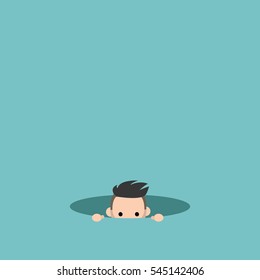 Curious boy hiding in the hole and prying / editable flat vector illustration, clip art