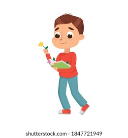 Curious Boy Holding Book with Herbarium Vector Illustration