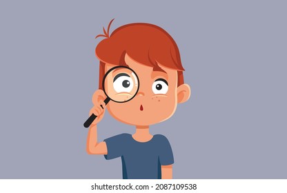 
Curious Boy Holding a Magnifying Glass Vector Cartoon Illustration. Smart child using magnifier for science study and learning
