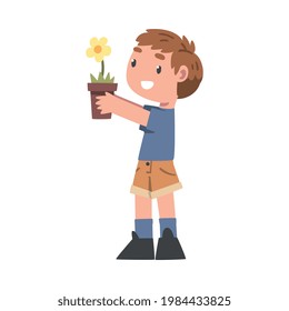 Curious Boy Holding Pot with Blooming Flower Studying Plant and Exploring Environment Vector Illustration