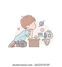 Curious boy learning about planets and space with the help of an AI chatbot. Flat-style educational vector in pastel colors, promoting science and technology in early childhood.