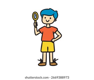 Niño curioso con lupa, descubrimiento y aprendizaje de doodle personaje para el planificador de la escuela, dibujado a mano. Ilustración vectorial.