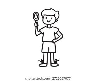 Niño curioso con la lupa, el descubrimiento y el aprendizaje del carácter del doodle para el planificador de la escuela, dibujado a mano Monocromo esquema del arte de la línea, estilo limpio del contorno, dibujado a mano. Ilustración vectorial.