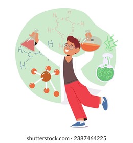 Curious Boy Passionately Delves Into Chemistry Experiments. Little Student Character Mixing Colorful Liquids And Observing Reactions With Enthusiasm And Wonder. Cartoon People Vector Illustration