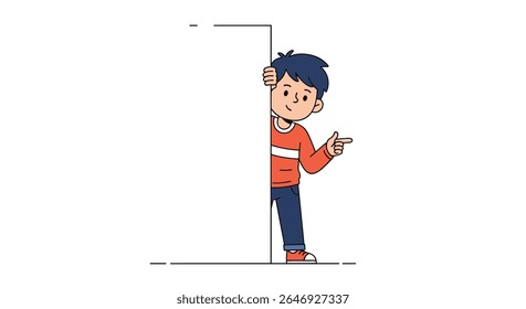 Curious Boy Peeking Around a Corner and Pointing with a Friendly Smile