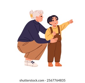 Curious boy pointing finger, asks his mom. Cute kid with question for mother shows with hand. Child talks to parent. Happy family communicates together. Flat isolated vector illustration on white