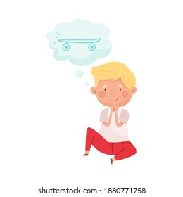 Curious Boy Sitting and Dreaming about Skateboard Vector Illustration
