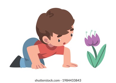 Curious Boy Sitting Near Blooming Flower Studying Plant and Exploring Environment Vector Illustration
