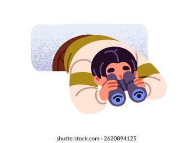Curioso menino espionando, observa, observando através de binóculos. Criança feliz com curiosidade peeps, olhando para fora por trás da parede. Criança olhando pela janela. Ilustração de vetor isolado plano sobre fundo branco