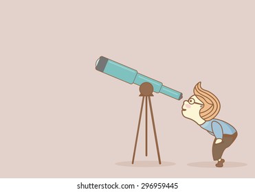 Curious boy, squatting down, looking through a telescope at something interesting
