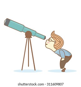 Curious boy, squatting down, looking through a telescope at something interesting