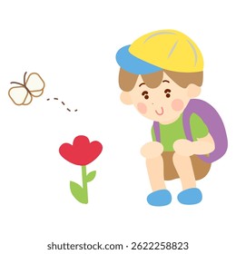 Curious boy watching butterfly and flower
