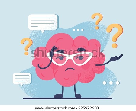Curious brain concept. Adorable character solving riddles and ask for question and interrogation points. Logical and thought process, cognitive abilities. Cartoon flat vector illustration