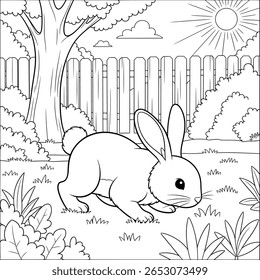 Um coelho curioso explora o quintal ensolarado — perfeito para as crianças colorirem e curtirem cenas da natureza na primavera.