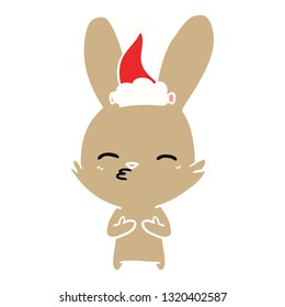 curious bunny hand drawn flat color illustration of a wearing santa hat