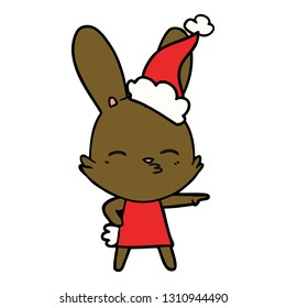 curious bunny hand drawn line drawing of a wearing santa hat