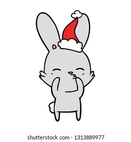curious bunny hand drawn line drawing of a wearing santa hat