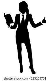 Curious business woman standing with the opened book