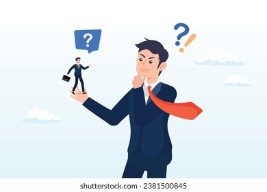Curious businessman asking himself for answer with big question mark, ask yourself a question, process for self improvement, personal development, problem solving or review and evaluation (Vector)