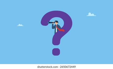 A curious businessman with a big question mark looks through the telescope for new business ideas. Curiosity explore unknown, search for solution or new business opportunity, seek for success.