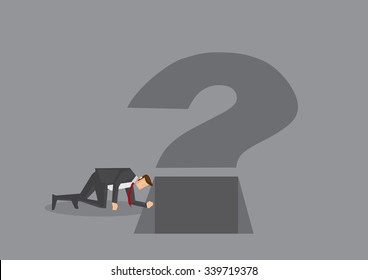 Curious businessman on all fours looking into a square hole at the bottom of question mark sign. Vector cartoon illustration on metaphor for being curious at work isolated on grey background.